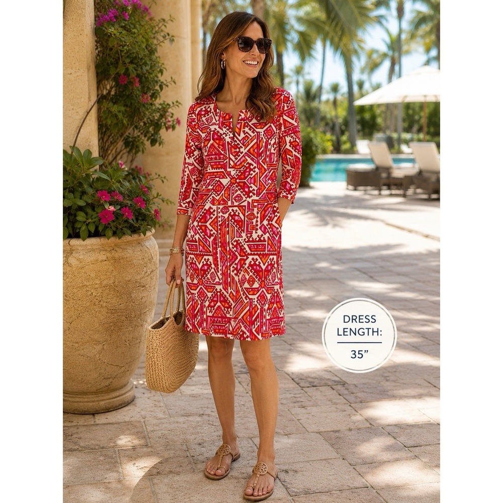 Barbara‎ Gerwit Dress M Ikat Tribal Shift Stretch Pink Orange 3/4 Split Sleeve